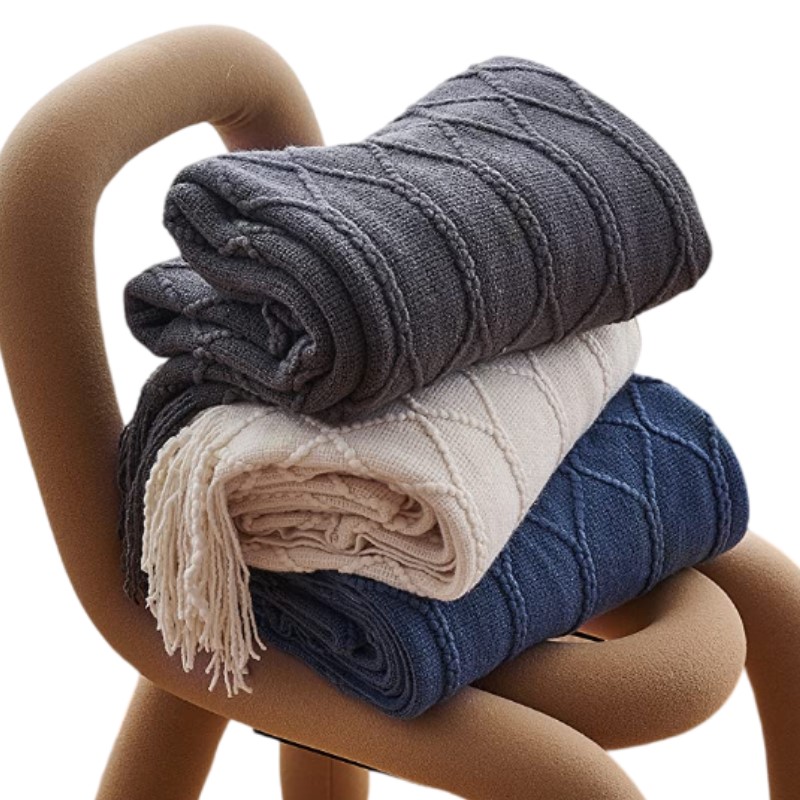 Throw Blanket Chunky Knit - Vintage Gift Khaki Navy Blankets with