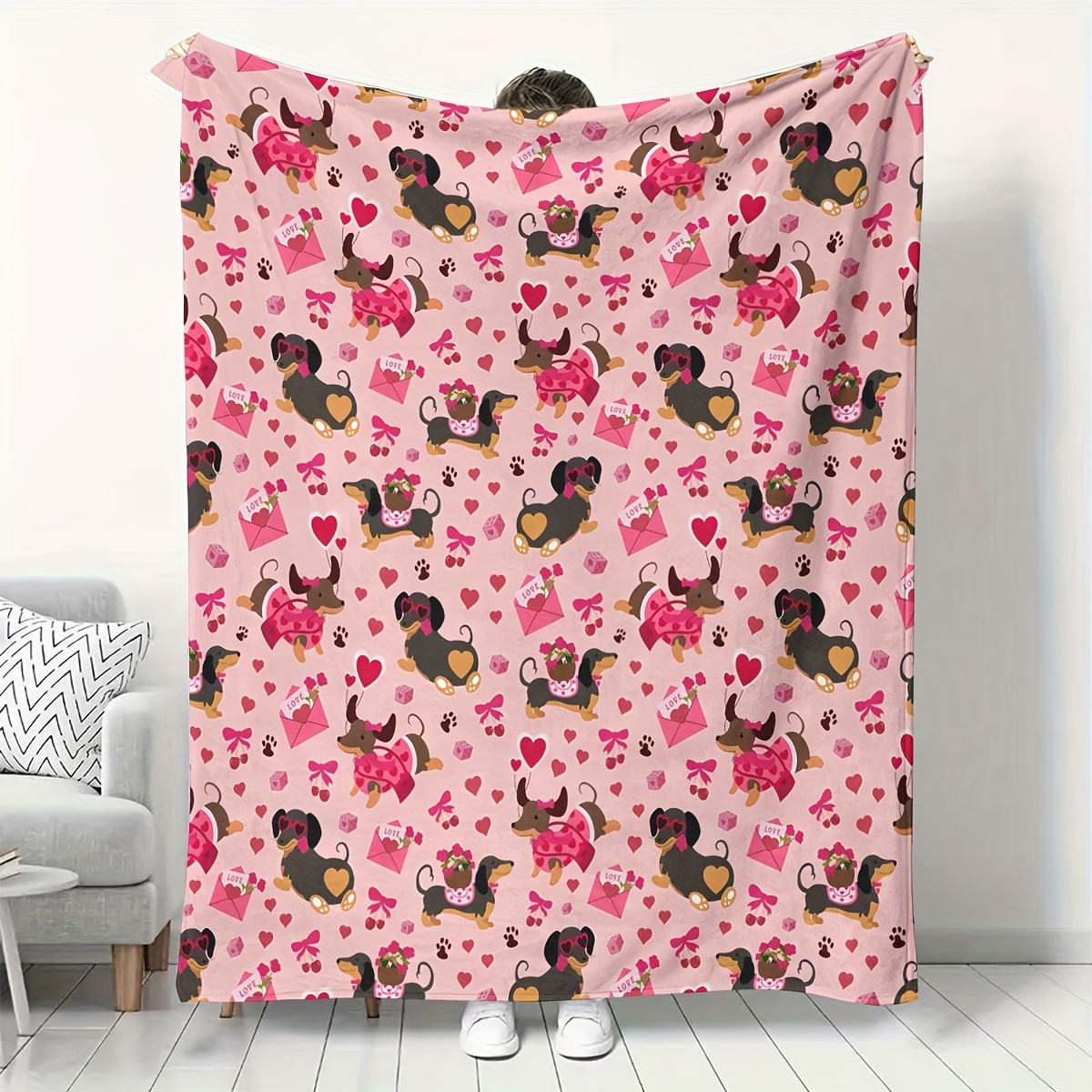 Throw Blanket Chunky Knit - Dachshund & Hearts Pattern Chunky Knit