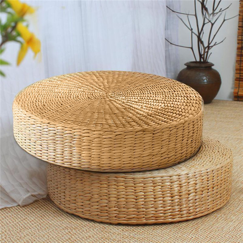 Floor Cushion Pouf - 40x6cm Natural Straw Round Futon Tatami
