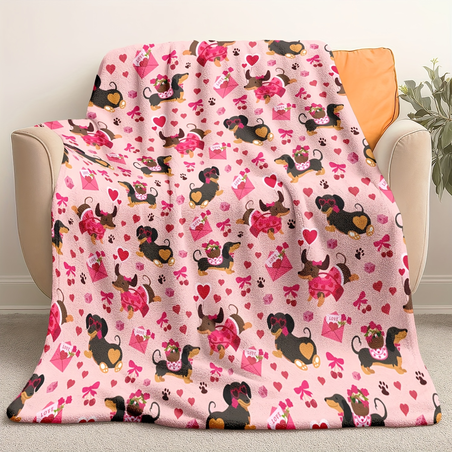 Dachshund & Hearts Pattern Chu – Throw Blanket Chunky Knit recenzja i cena