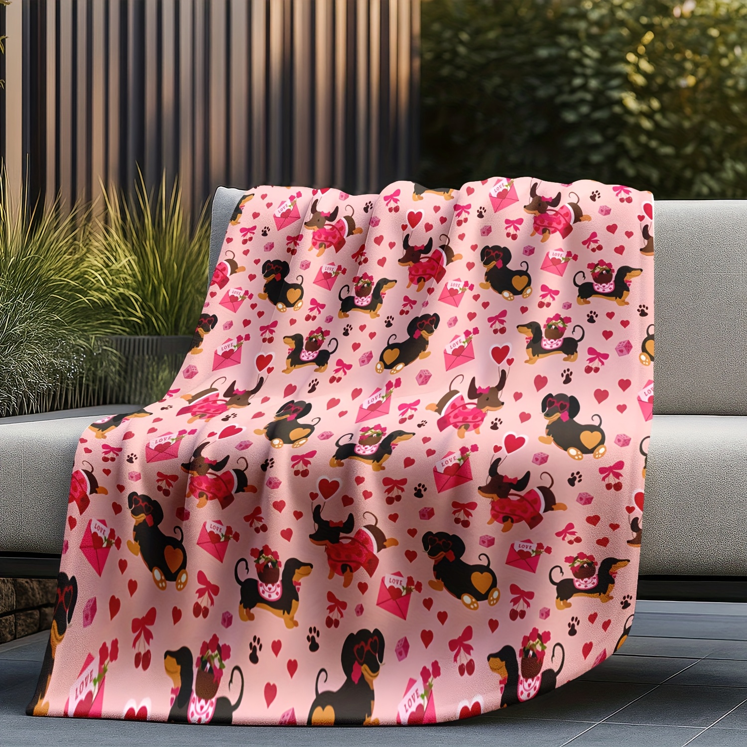 Dachshund & Hearts Pattern Chu – Throw Blanket Chunky Knit recenzja i cena