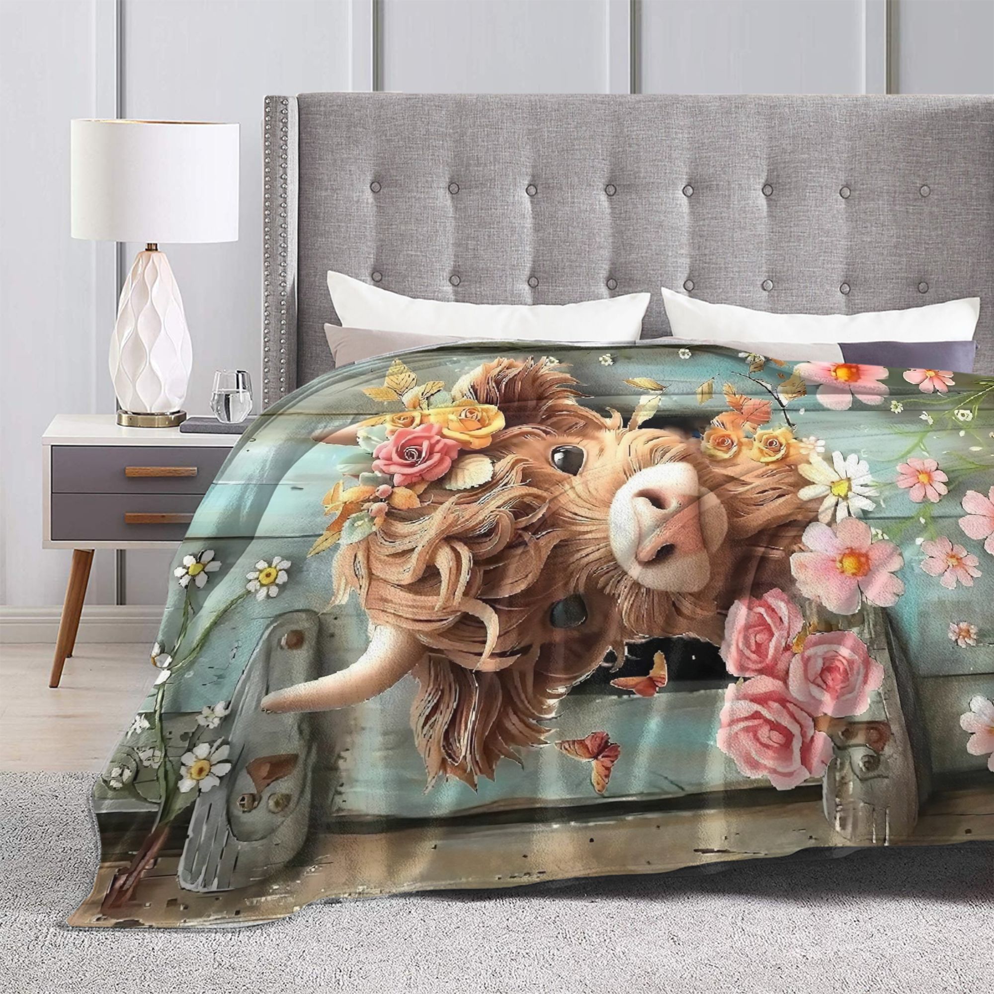 Highland Cow Boho Floral Blank – Highland Home Textiles recenzja i cena